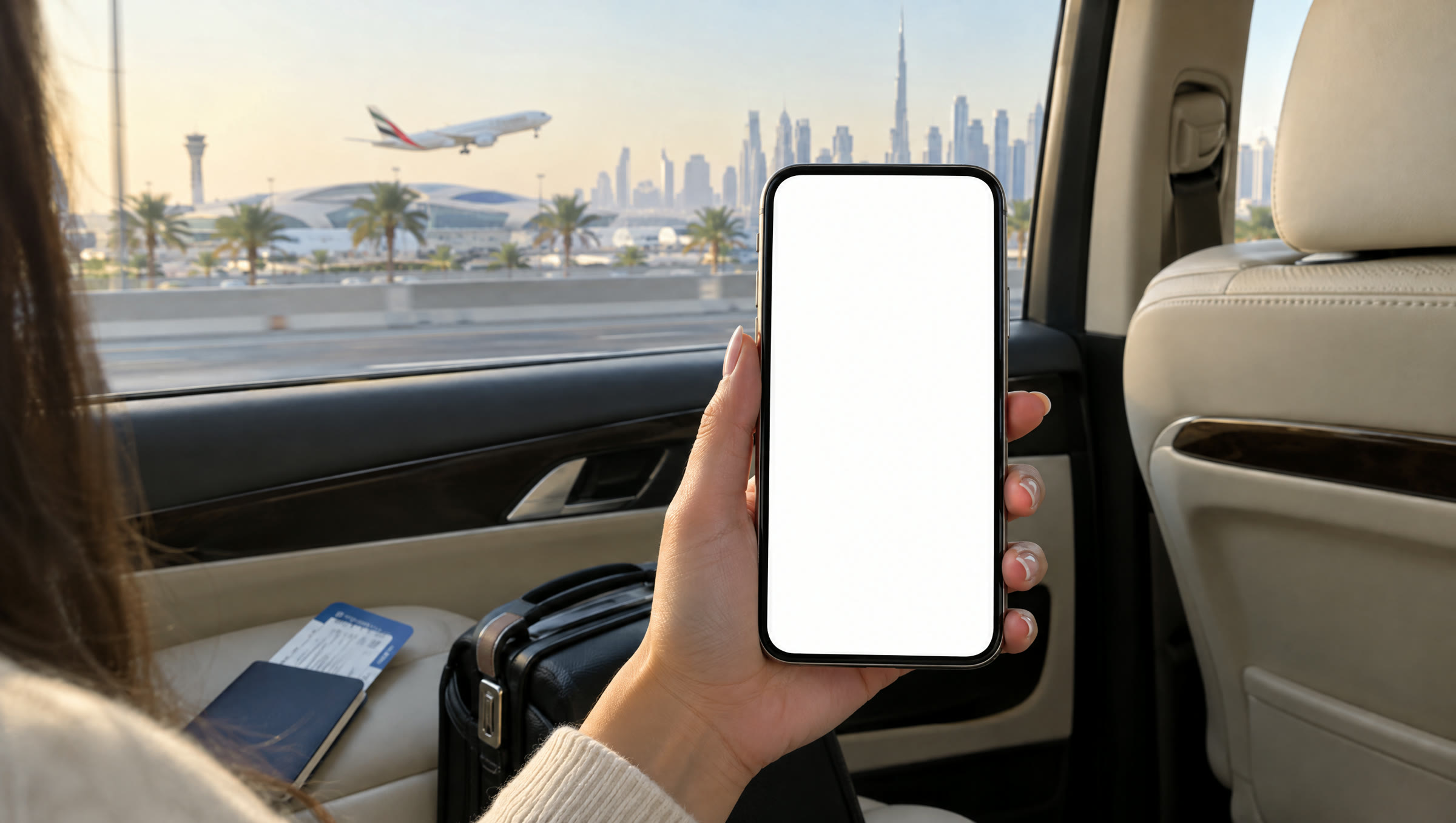 Concept render: a traveller in a car to Dubai International Airport, holding her phone