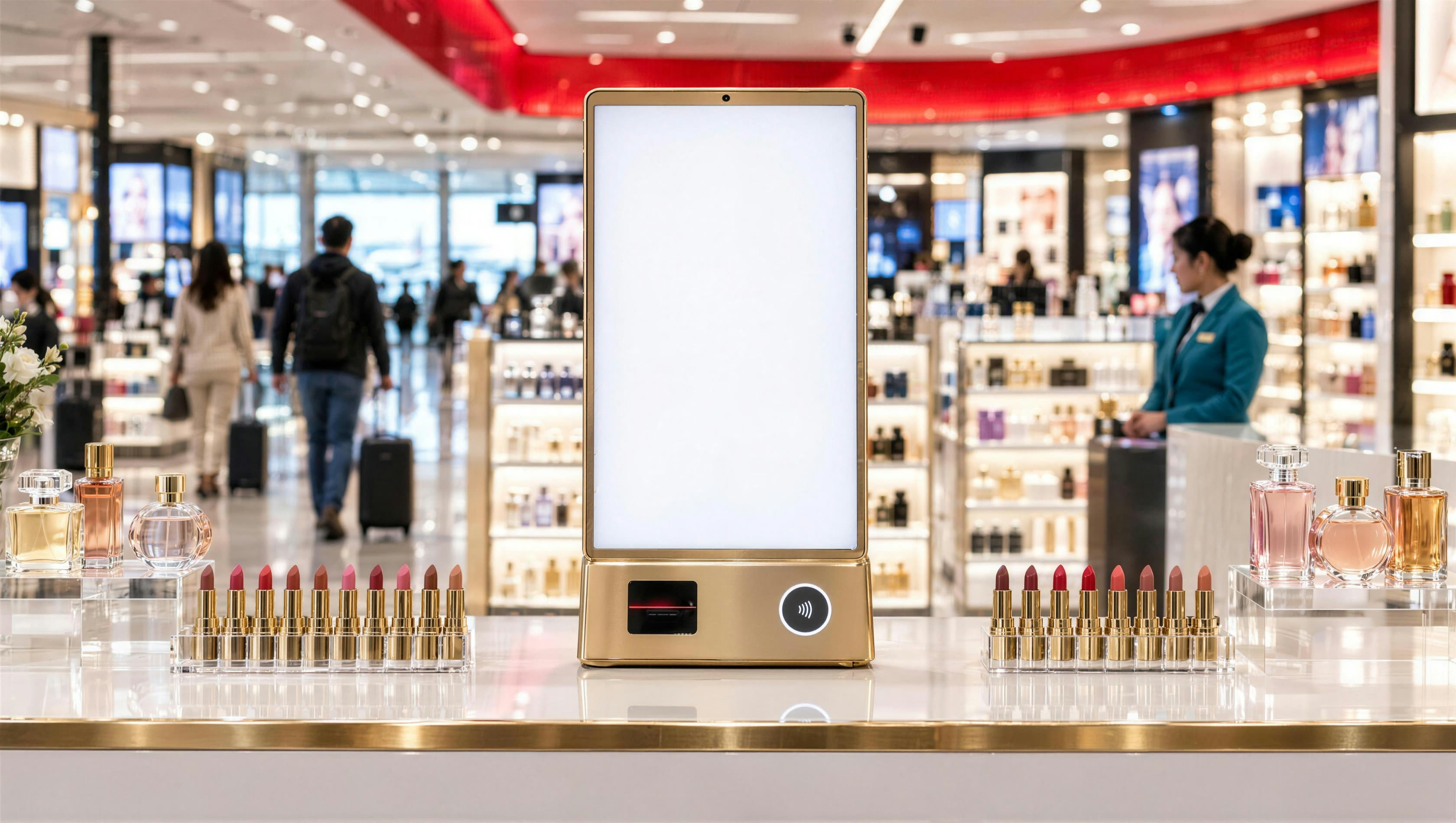 Concept render of a countertop magic mirror on a duty free beauty counter, with a boarding pass scanner and a contactless pad in its base