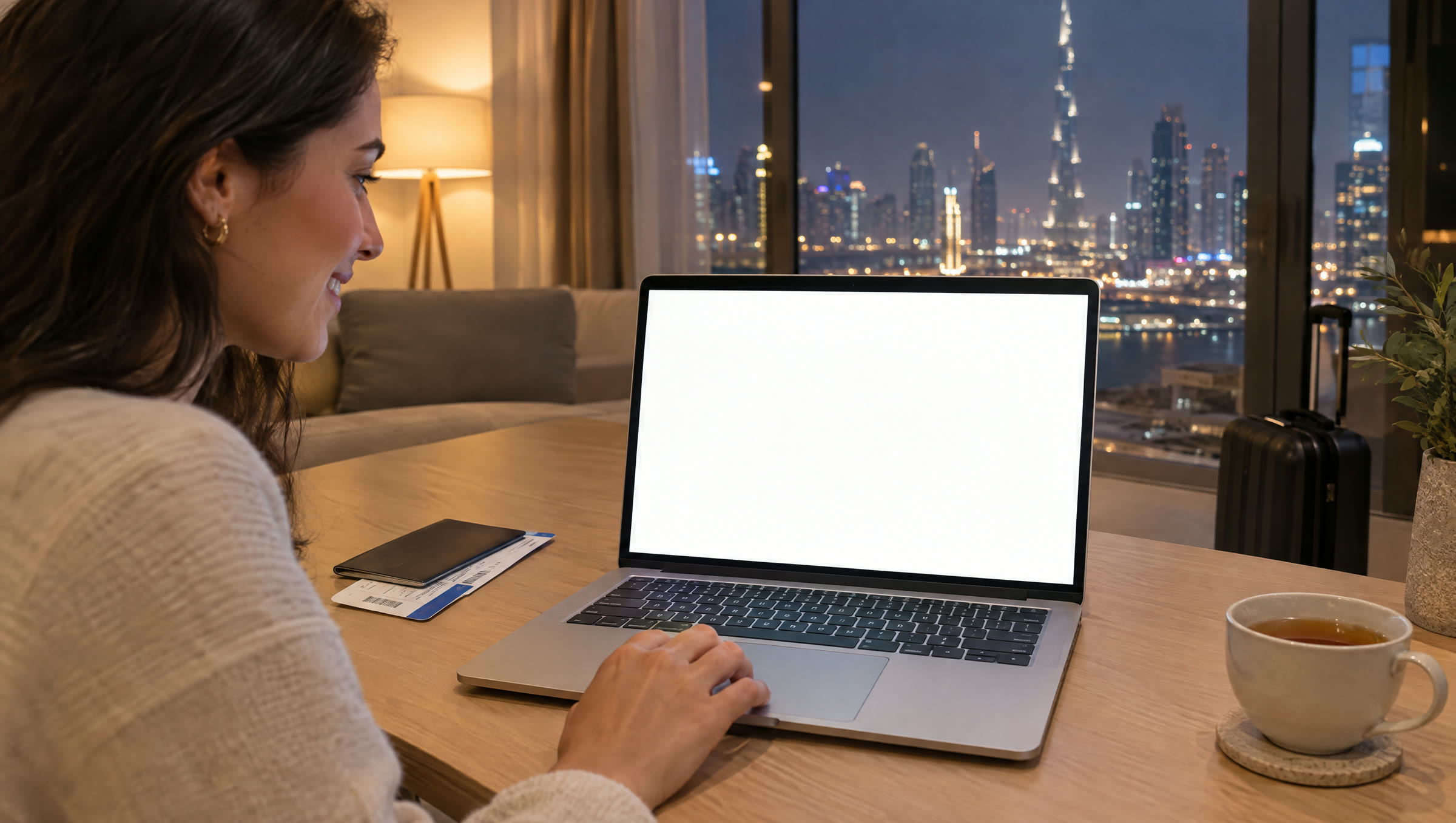 Concept render: a traveller at home in Dubai the evening before her flight, on her laptop