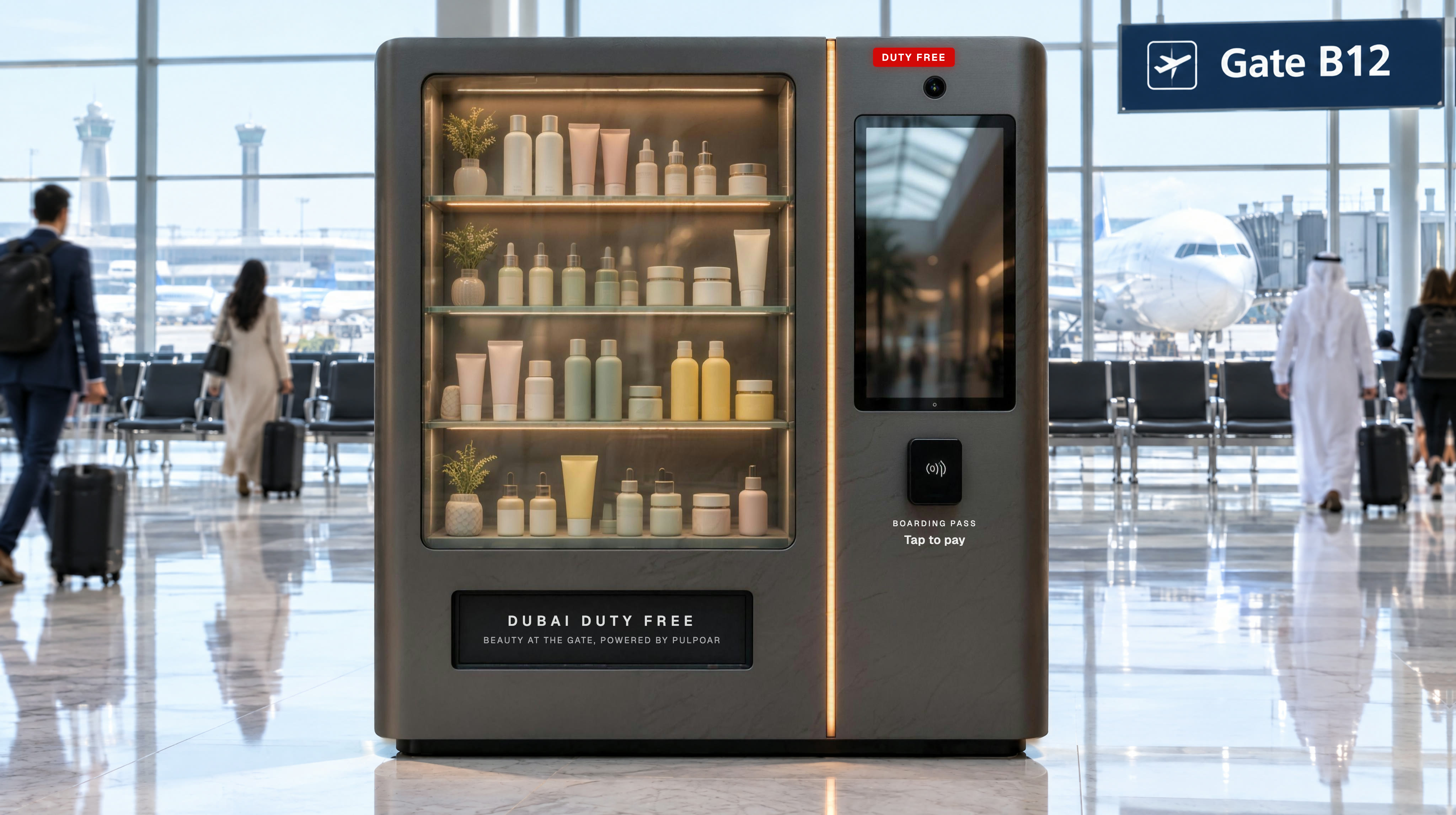 Concept render of a Dubai Duty Free beauty vending machine at a departure gate at DXB